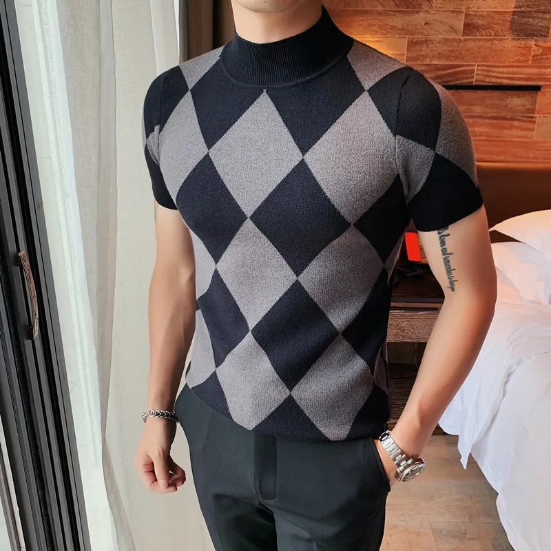 British Style Autumn Winter Short Sleeve Sweater Men Clothing Fashion Diamond Lattice Turtleneck All Match Casual Slim Pullovers - Image 6