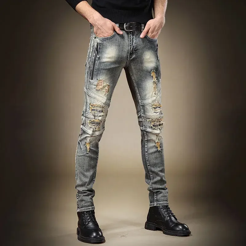 Broken Man Cowboy Pants with Holes Ripped Pockets Torn Tapered Jeans for Men Trousers Classic High Quality 2025 Trend Stacked Xs - Image 5
