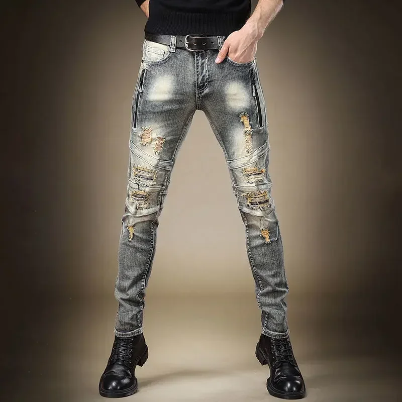 Broken Man Cowboy Pants with Holes Ripped Pockets Torn Tapered Jeans for Men Trousers Classic High Quality 2025 Trend Stacked Xs - Image 6