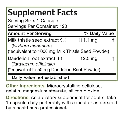 Bronson Milk Thistle Silymarin Marianum & Dandelion Root Liver Health Support, Antioxidant Support, Detox, 120 Capsules - Image 2
