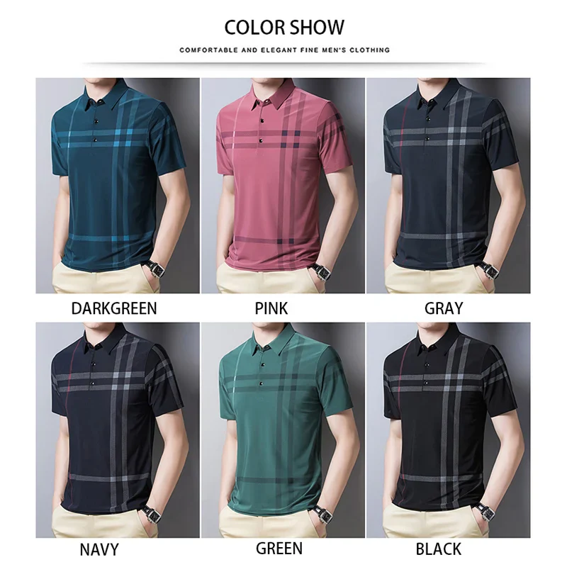 BROWON Business Polo Shirt Men Summer New Casual Loose Breathable Anti-wrinkle Short Sleeved Plaid Men Polo Shirt Men Tops - Image 11