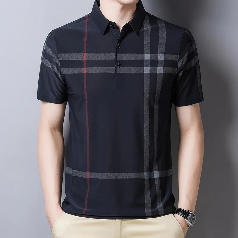 BROWON Business Polo Shirt Men Summer New Casual Loose Breathable Anti-wrinkle Short Sleeved Plaid Men Polo Shirt Men Tops - Image 12