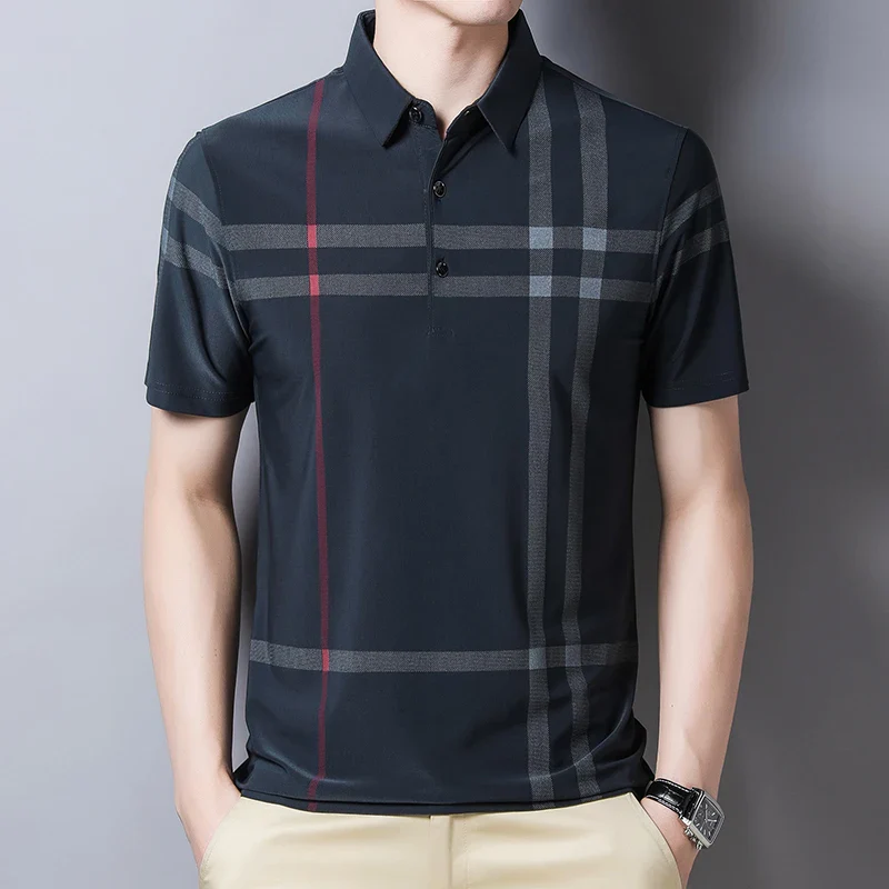 BROWON Business Polo Shirt Men Summer New Casual Loose Breathable Anti-wrinkle Short Sleeved Plaid Men Polo Shirt Men Tops - Image 6