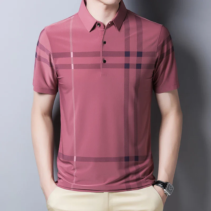 BROWON Business Polo Shirt Men Summer New Casual Loose Breathable Anti-wrinkle Short Sleeved Plaid Men Polo Shirt Men Tops - Image 8