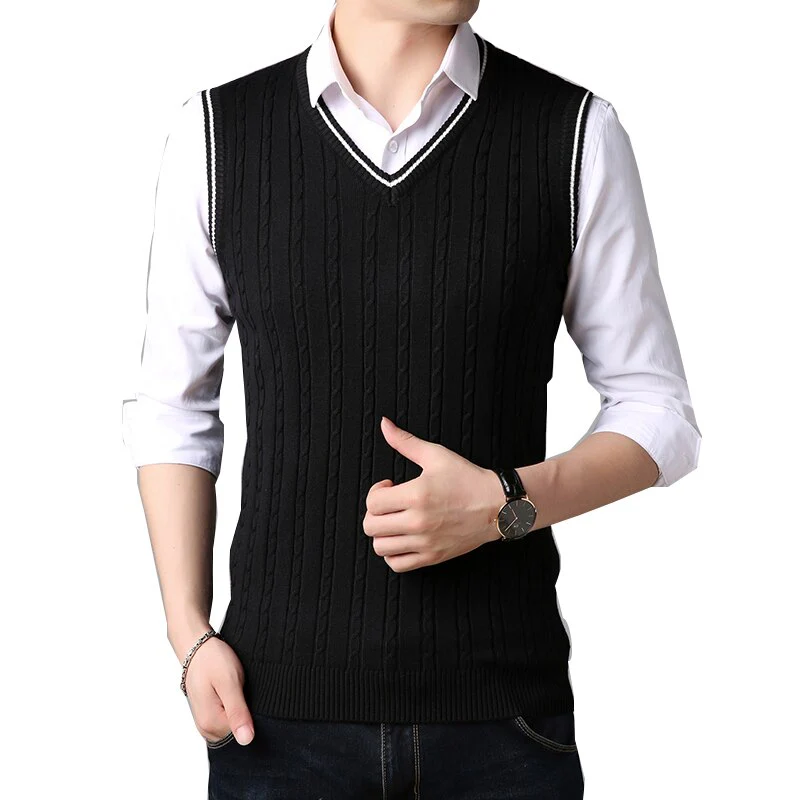 BROWON Men Clothes 2023 Autumn Winter New Classic Slim Sweaters V-neck Sleeveless Sweater Mens Knitwear Sweater Vest for Men - Image 4