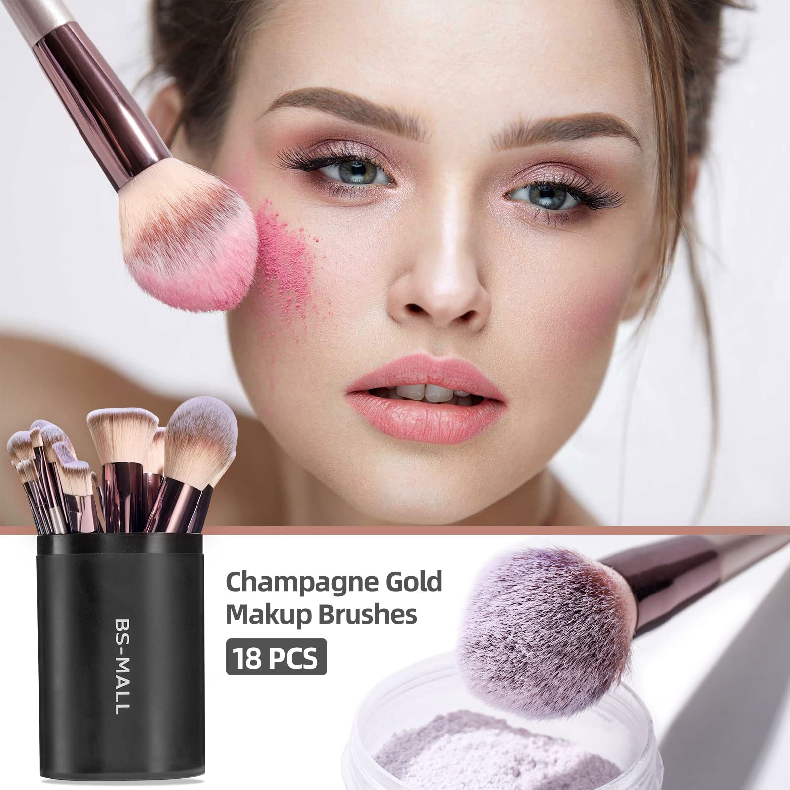 BS-MALL Makeup Brush Set 18 Pcs Premium Synthetic Foundation Powder Concealers Eye shadows Blush Makeup Brushes with black case (A-Champagne) - Image 3