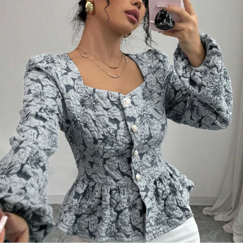 Bubble Sleeve Shirt Retro Square Collar Floral Shirt 2025 Spring Fashion Commuter Coat Women - Image 5