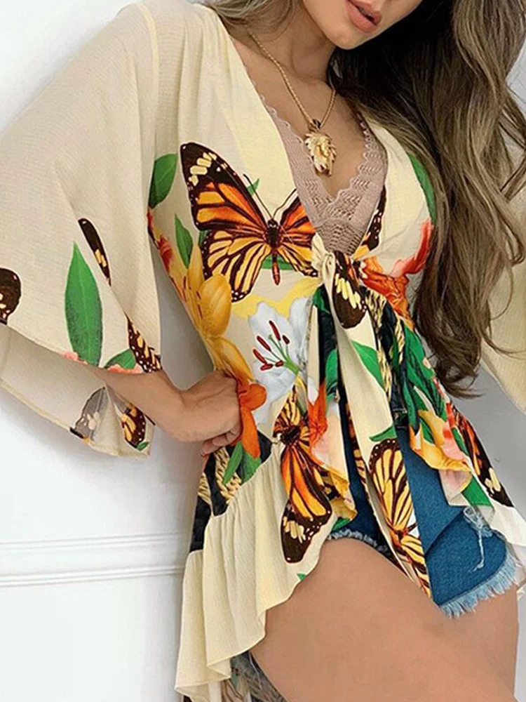 Butterfly Print Bell Sleeve Ruffles Trim Tie Front Blouse Tops Women