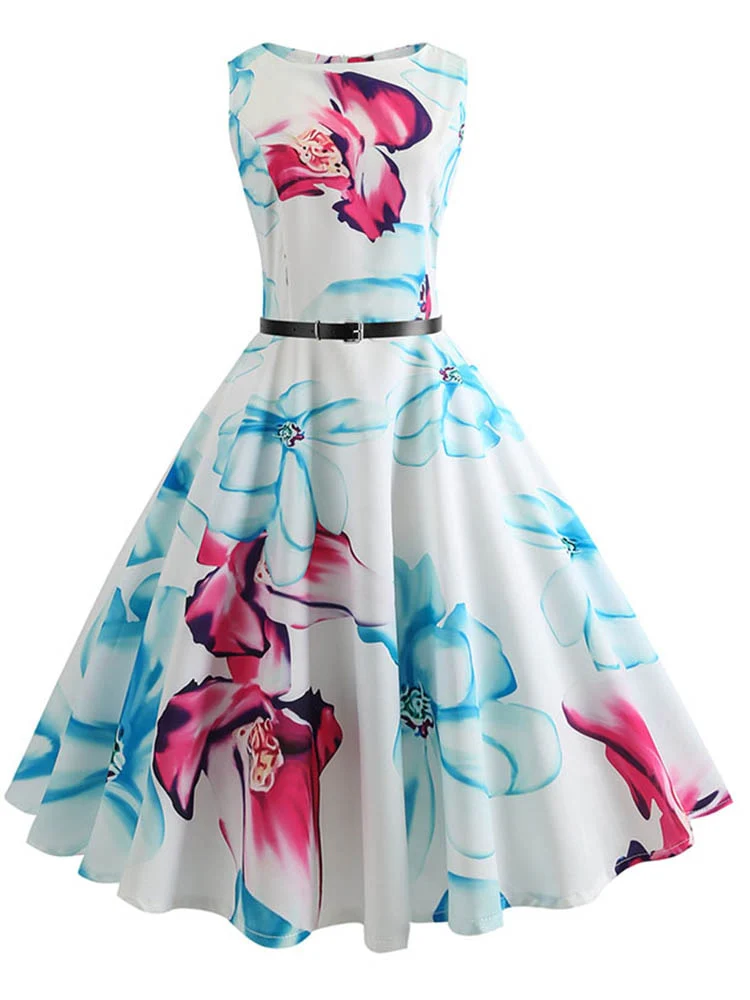 Butterfly Print Summer Dress Women  Floral Vintage Dresses Elegant Retro Party Tank Sleeveless Casual Office Dress - Image 3