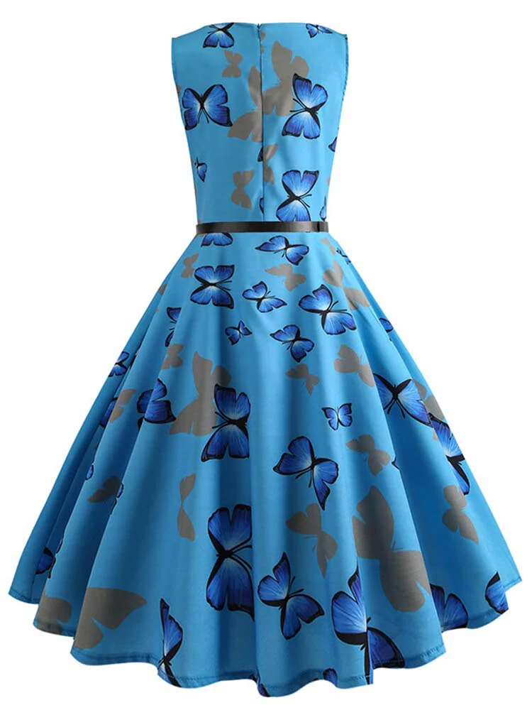 Butterfly Print Summer Dress Women  Floral Vintage Dresses Elegant Retro Party Tank Sleeveless Casual Office Dress - Image 8