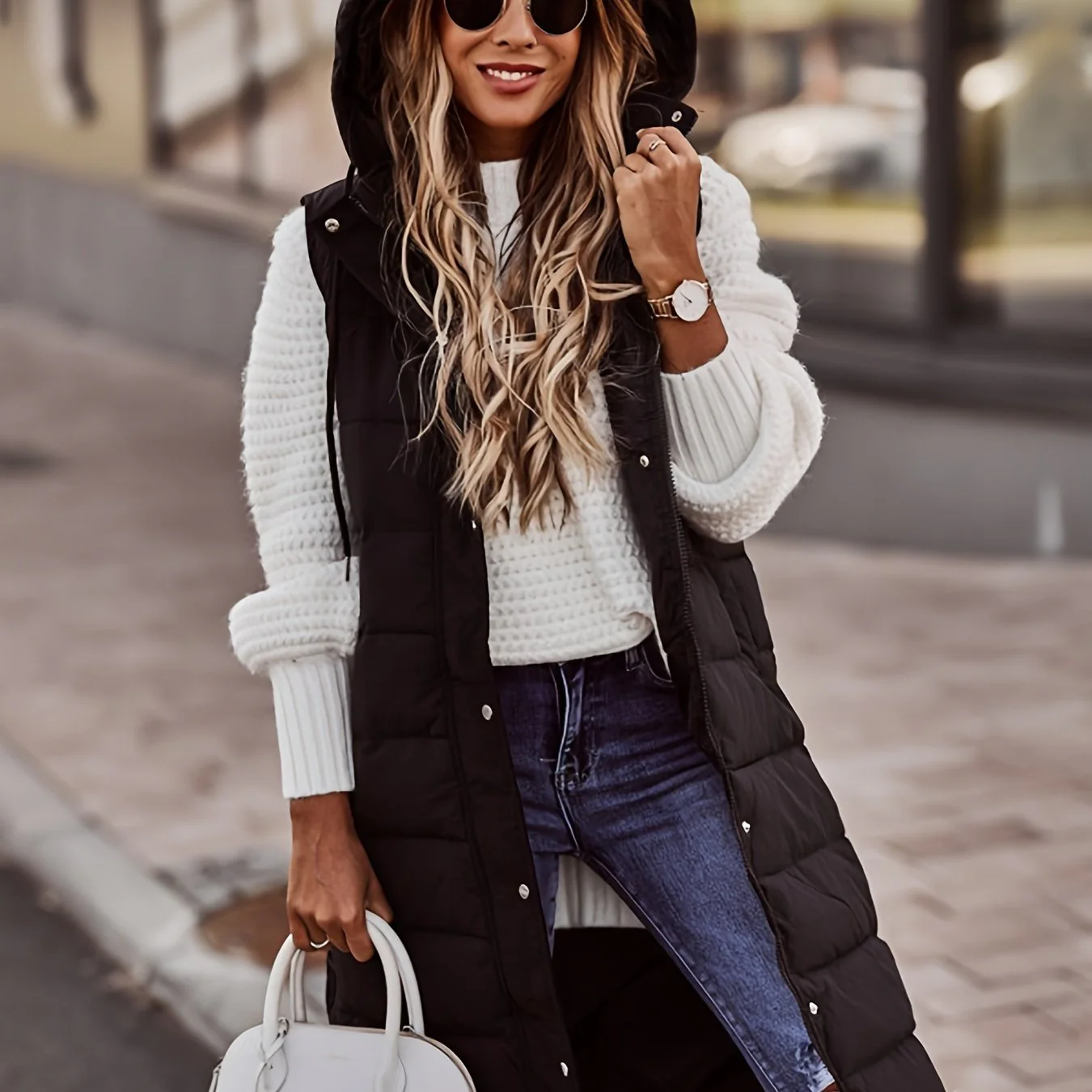 Button Front Hooded Coat, Casual Sleeveless Long Length Outerwear, Women's Clothing - Image 7