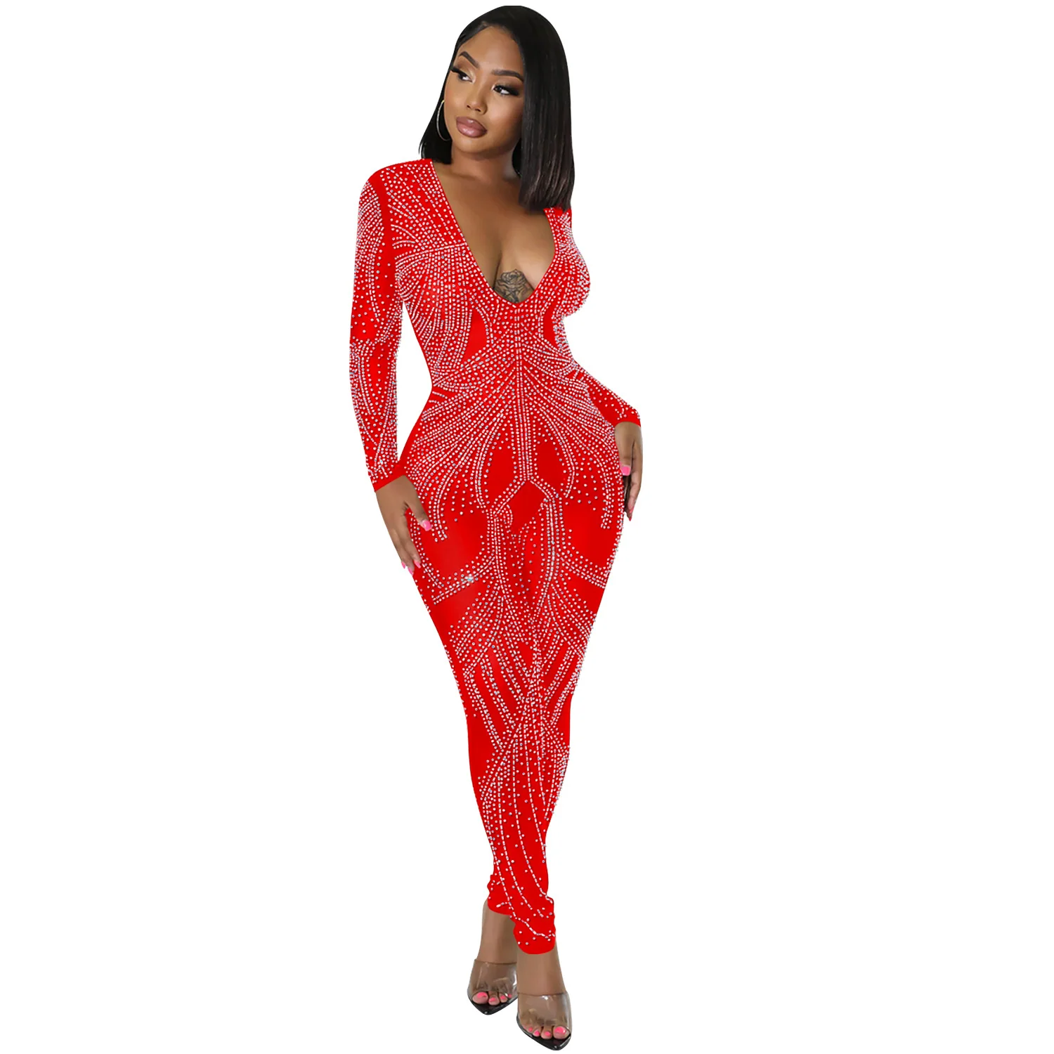 C0605TA39 Ladies' Club Clothing Sexy Deep V Long Sleeve Rhinestone Bodycon Jumpsuit Sehe Fashion - Image 3