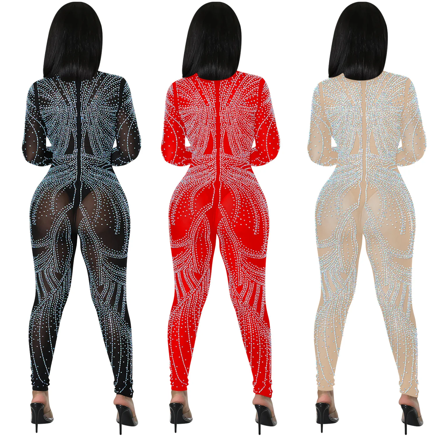 C0605TA39 Ladies' Club Clothing Sexy Deep V Long Sleeve Rhinestone Bodycon Jumpsuit Sehe Fashion - Image 5
