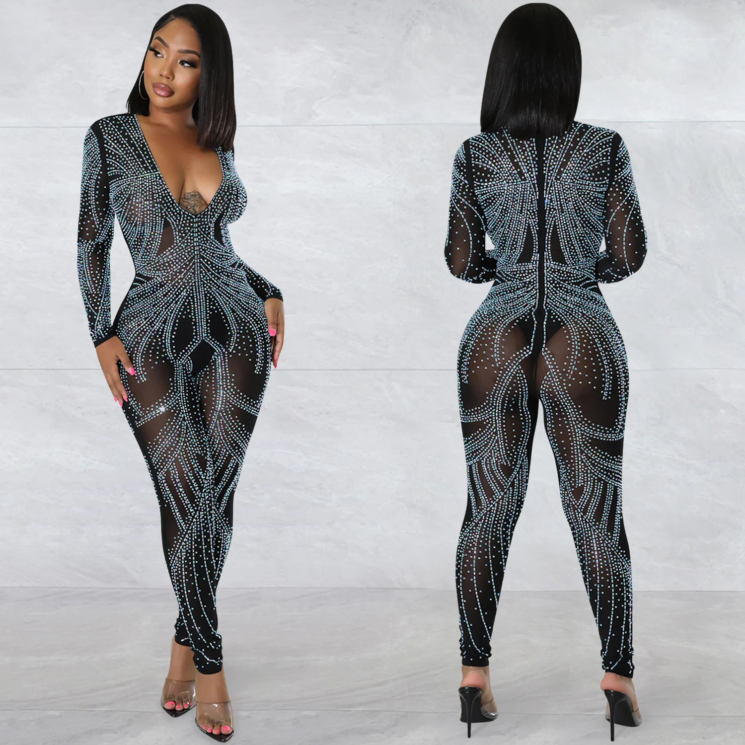 C0605TA39 Ladies' Club Clothing Sexy Deep V Long Sleeve Rhinestone Bodycon Jumpsuit Sehe Fashion - Image 6