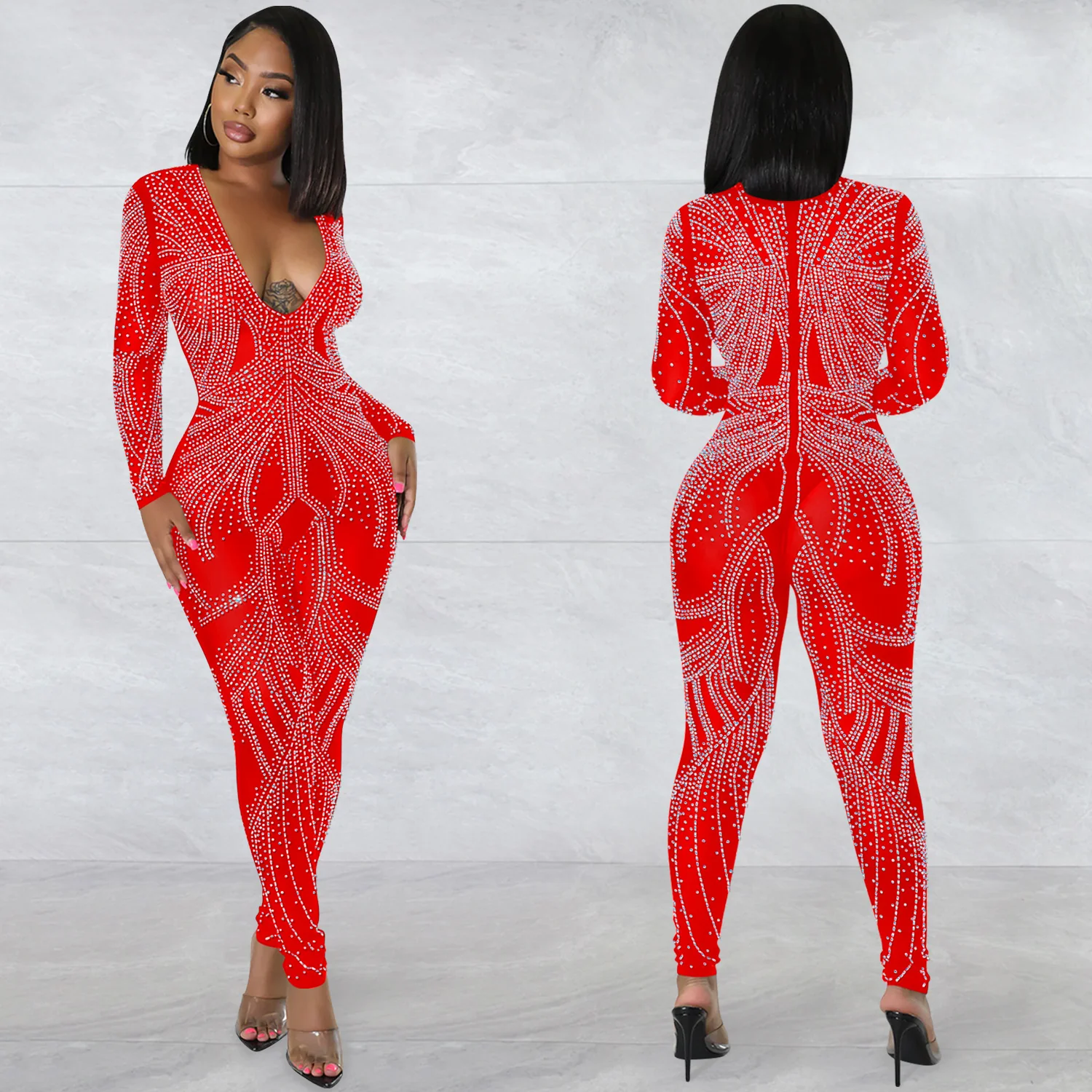 C0605TA39 Ladies' Club Clothing Sexy Deep V Long Sleeve Rhinestone Bodycon Jumpsuit Sehe Fashion - Image 7