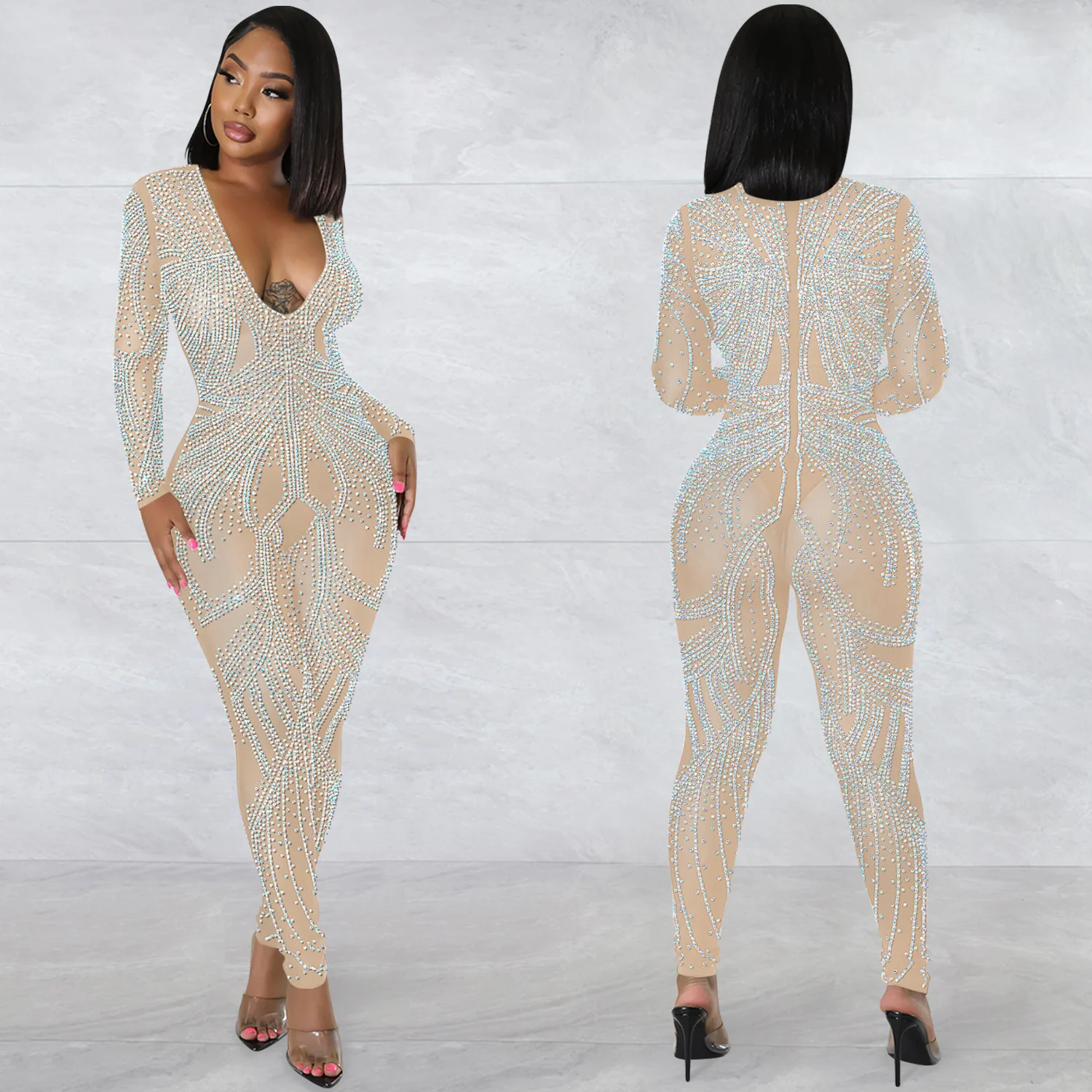 C0605TA39 Ladies' Club Clothing Sexy Deep V Long Sleeve Rhinestone Bodycon Jumpsuit Sehe Fashion - Image 8