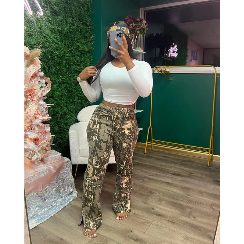 Camo Women Cargo Pants Casual High Waist Side Slit Flare Pants 2023 Summer New Fashion Elegant Bottoms High Street Trousers - Image 11