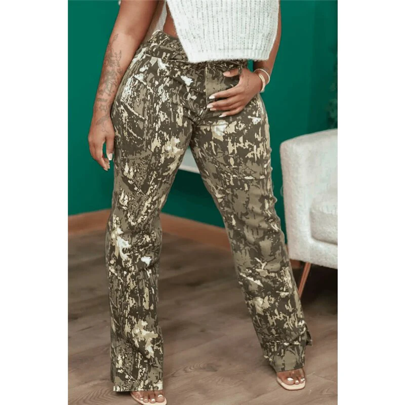 Camo Women Cargo Pants Casual High Waist Side Slit Flare Pants 2023 Summer New Fashion Elegant Bottoms High Street Trousers - Image 9
