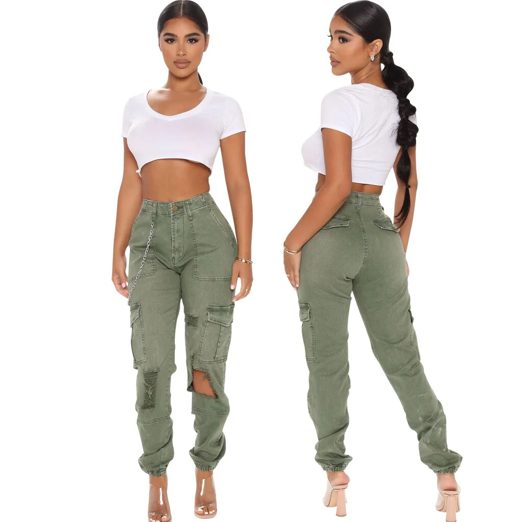 Camouflage Cargo Jeans Women 2023 Summer Hollow Out Ripped High Waist Black Stretch Jeans Woman Casual Big Pocket Denim Trouser - Image 2