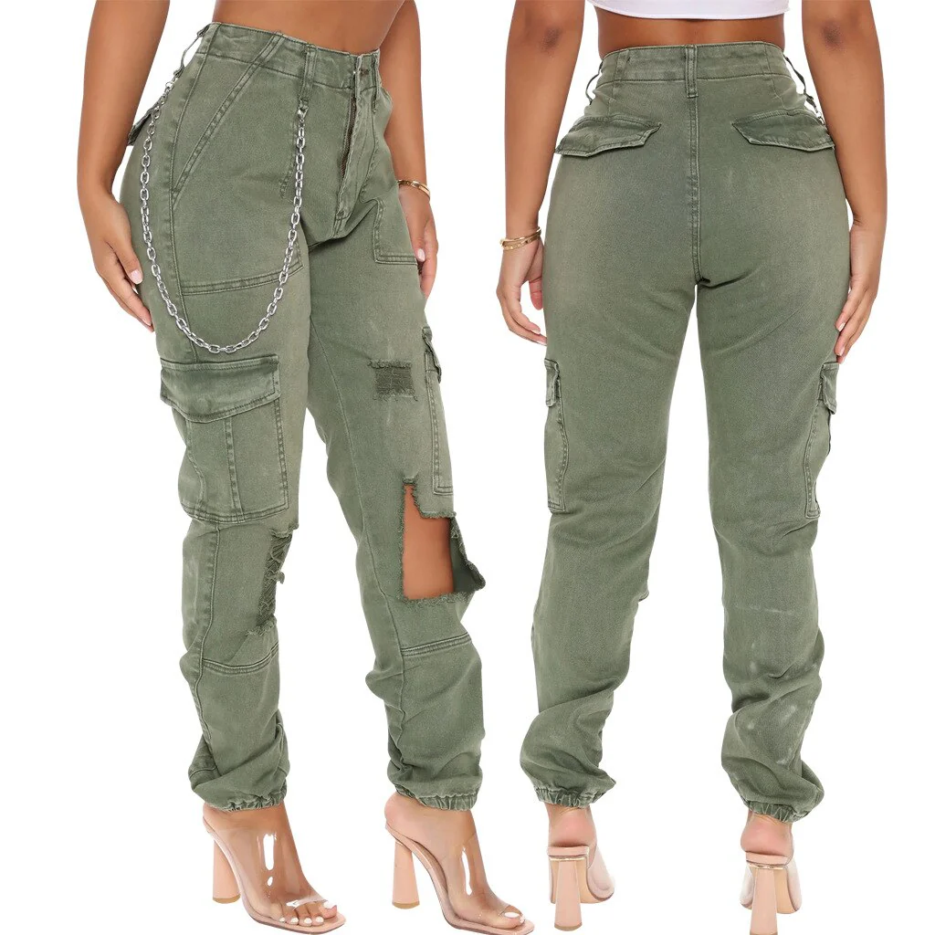 Camouflage Cargo Jeans Women 2023 Summer Hollow Out Ripped High Waist Black Stretch Jeans Woman Casual Big Pocket Denim Trouser - Image 5