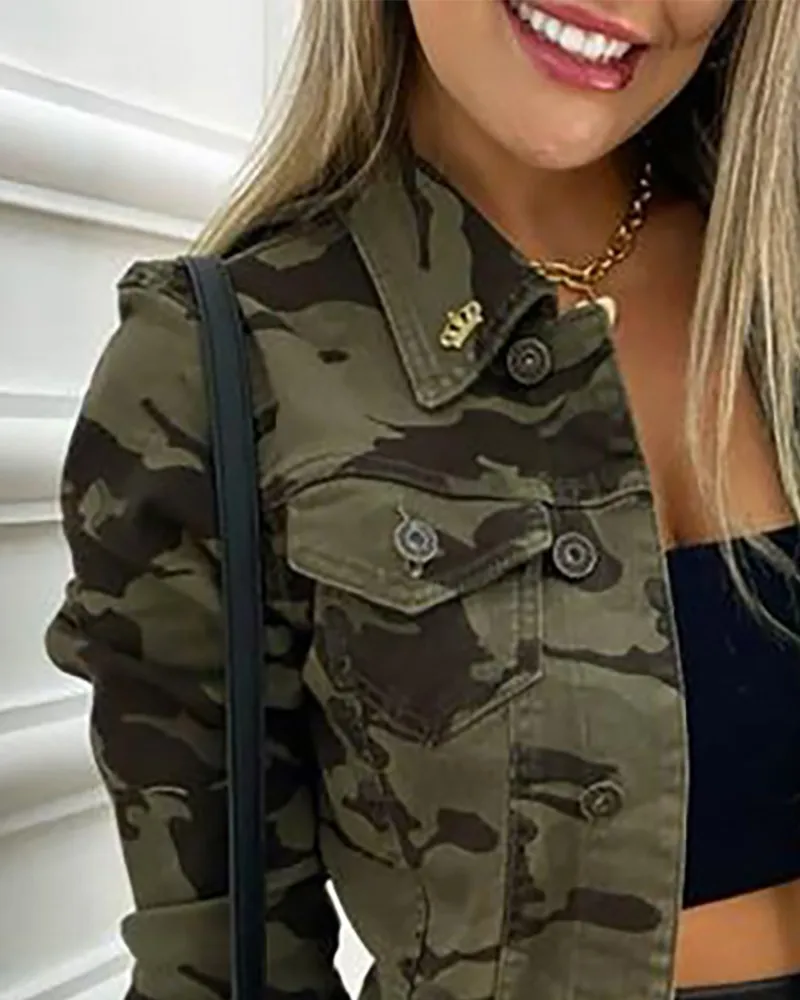 Camouflage Print Buttoned Pocket Design Coat Jacket Women Bomber Y2k Coats Autumn Outerwear Streetwear Windbreaker Motorcycles - Image 3