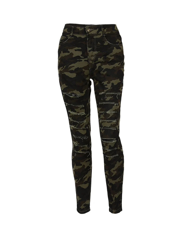 Camouflage Print Fringe Hem Cutout Jeans Women High Waist Slim Pencil Pants Spring Summer Ripped Hollow Out Sexy - Image 2