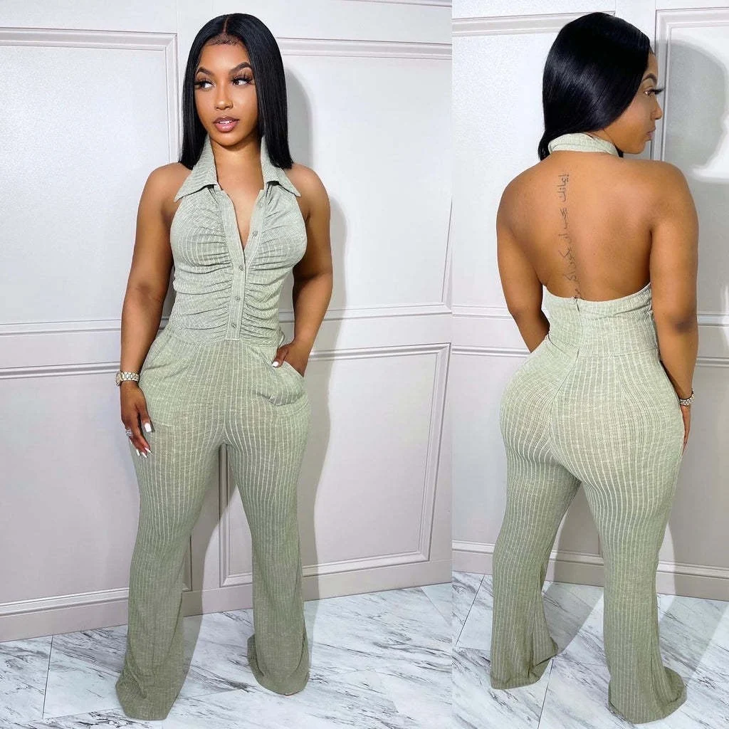 Casaul Women Jumpsuit Knit Ribbbed Backless Halter With Bottom Solid Color Streetwear Long Romper Women Jumpsuit Overalls - Image 3