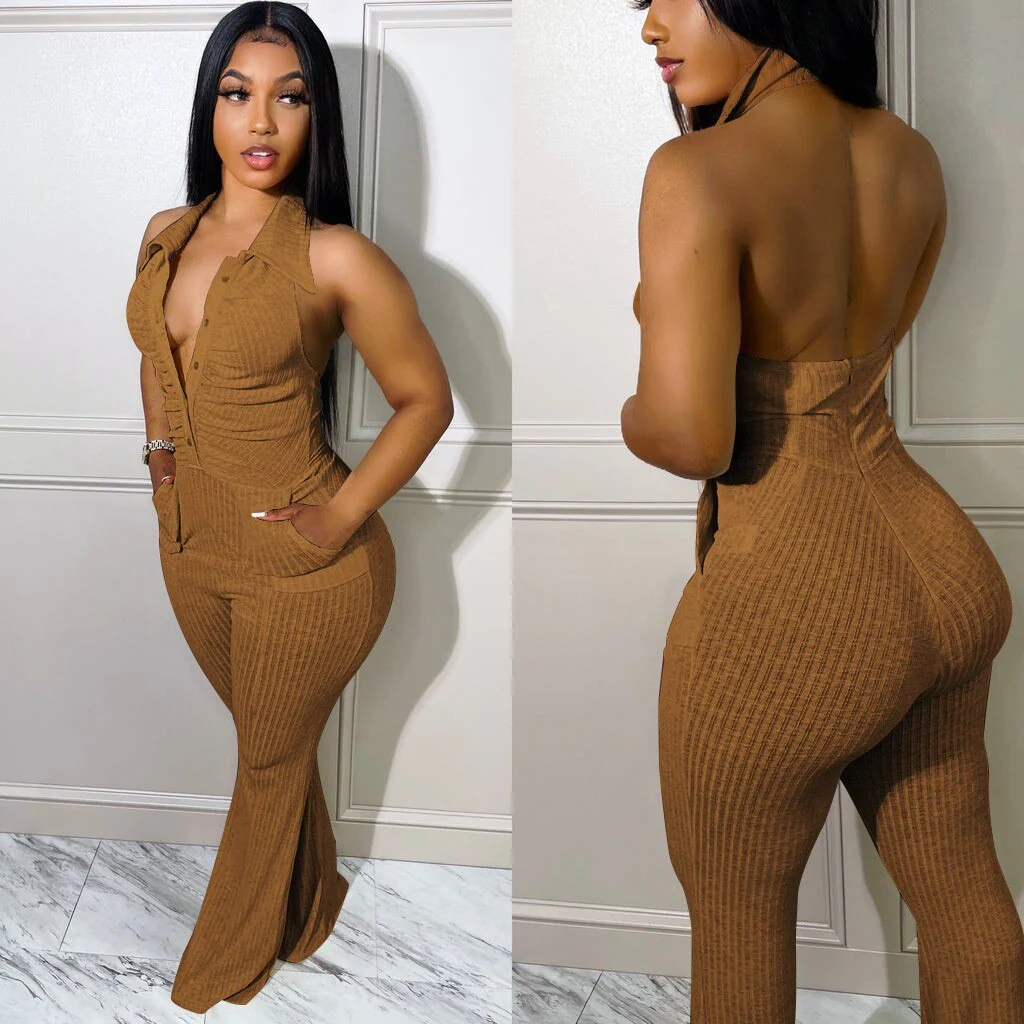 Casaul Women Jumpsuit Knit Ribbbed Backless Halter With Bottom Solid Color Streetwear Long Romper Women Jumpsuit Overalls - Image 4