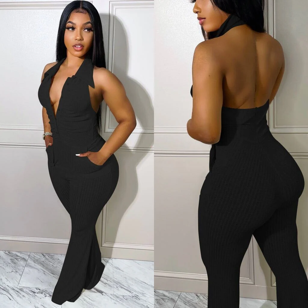 Casaul Women Jumpsuit Knit Ribbbed Backless Halter With Bottom Solid Color Streetwear Long Romper Women Jumpsuit Overalls - Image 7