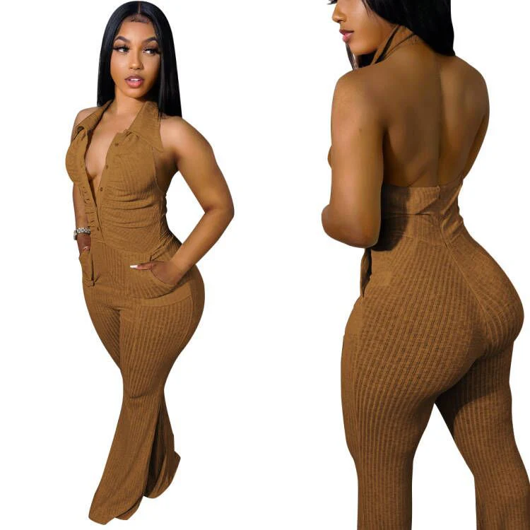 Casaul Women Jumpsuit Knit Ribbbed Backless Halter With Bottom Solid Color Streetwear Long Romper Women Jumpsuit Overalls - Image 9