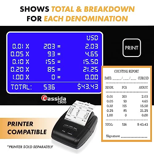 Cassida C300 Professional USD Coin Counter, Sorter and Wrapper/Roller, 300 coins/min, with Quickload and Printing-Compatible,Gray - Image 7