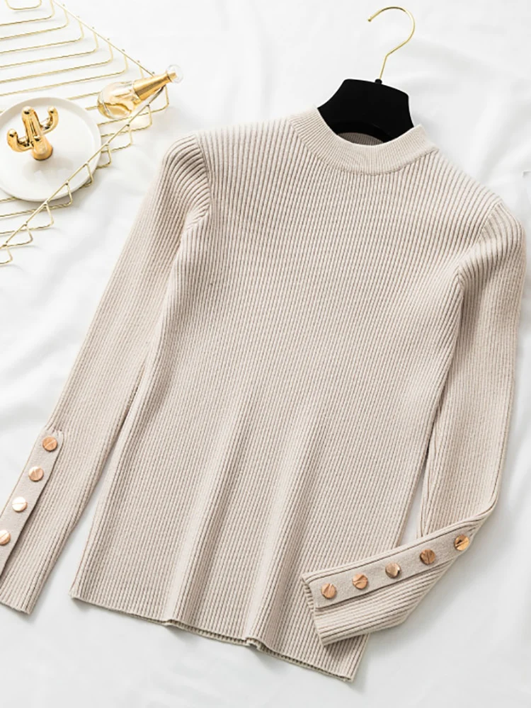 casual autumn winter women thick sweater pullovers long sleeve button o-neck chic Sweater Female Slim knit top soft jumper tops - Image 11