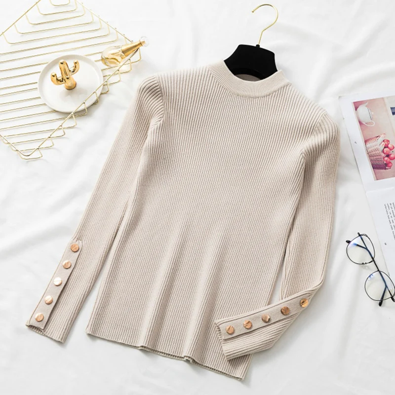 casual autumn winter women thick sweater pullovers long sleeve button o-neck chic Sweater Female Slim knit top soft jumper tops - Image 5