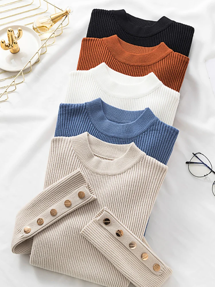 casual autumn winter women thick sweater pullovers long sleeve button o-neck chic Sweater Female Slim knit top soft jumper tops - Image 8