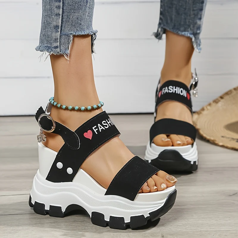 Casual Elegance Open-Toe Wedge Sandals, Solid Color with Strappy Back & Metal Buckle, Comfortable Platform Heel Fashion Footwear for Women - Image 2