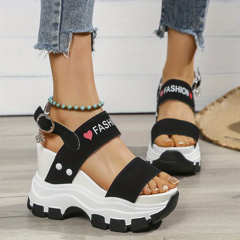 Casual Elegance Open-Toe Wedge Sandals, Solid Color with Strappy Back & Metal Buckle, Comfortable Platform Heel Fashion Footwear for Women - Image 29