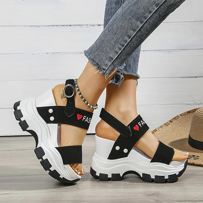 Casual Elegance Open-Toe Wedge Sandals, Solid Color with Strappy Back & Metal Buckle, Comfortable Platform Heel Fashion Footwear for Women - Image 3