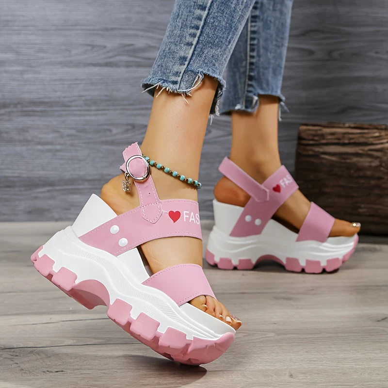 Casual Elegance Open-Toe Wedge Sandals, Solid Color with Strappy Back & Metal Buckle, Comfortable Platform Heel Fashion Footwear for Women - Image 4