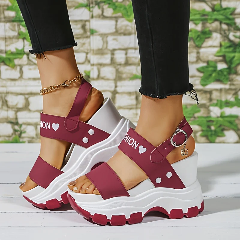 Casual Elegance Open-Toe Wedge Sandals, Solid Color with Strappy Back & Metal Buckle, Comfortable Platform Heel Fashion Footwear for Women - Image 6