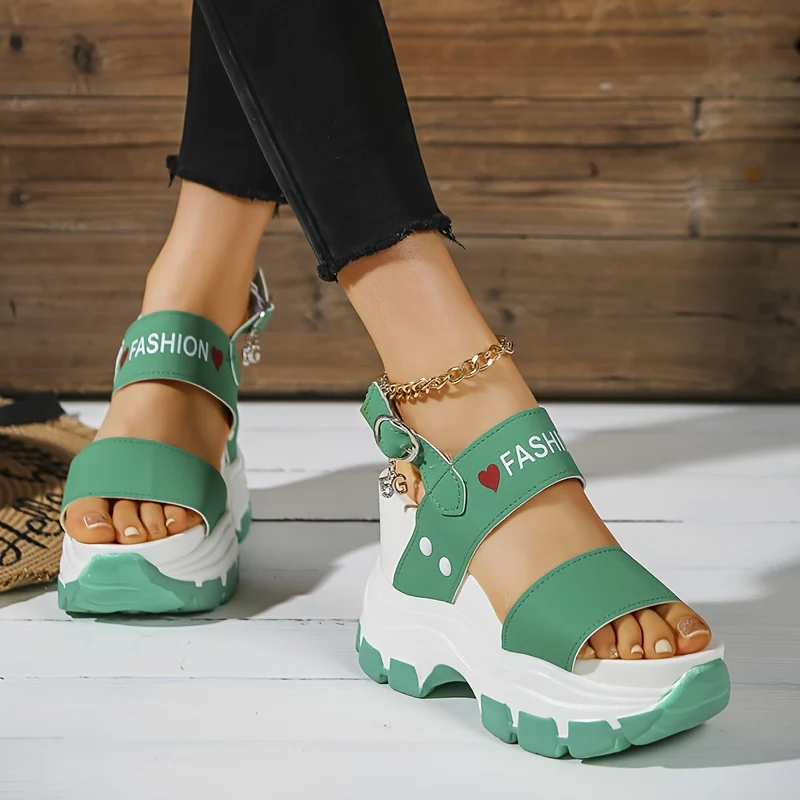 Casual Elegance Open-Toe Wedge Sandals, Solid Color with Strappy Back & Metal Buckle, Comfortable Platform Heel Fashion Footwear for Women - Image 7