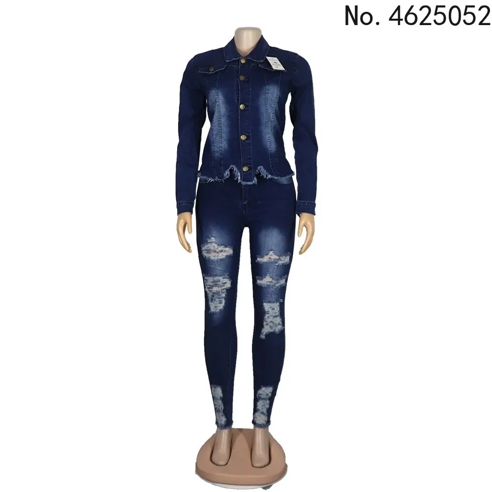 Casual Jeans Two Piece Set Women Denim Pant Suits Bodycon Tracksuit Turn Down Collar Long Sleeve Top Sets Vestidos 2023 Autumn - Image 2