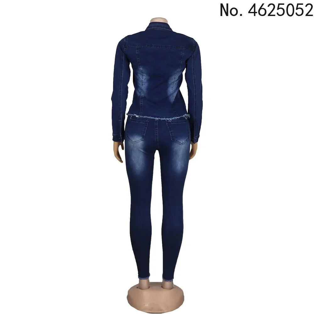 Casual Jeans Two Piece Set Women Denim Pant Suits Bodycon Tracksuit Turn Down Collar Long Sleeve Top Sets Vestidos 2023 Autumn - Image 3