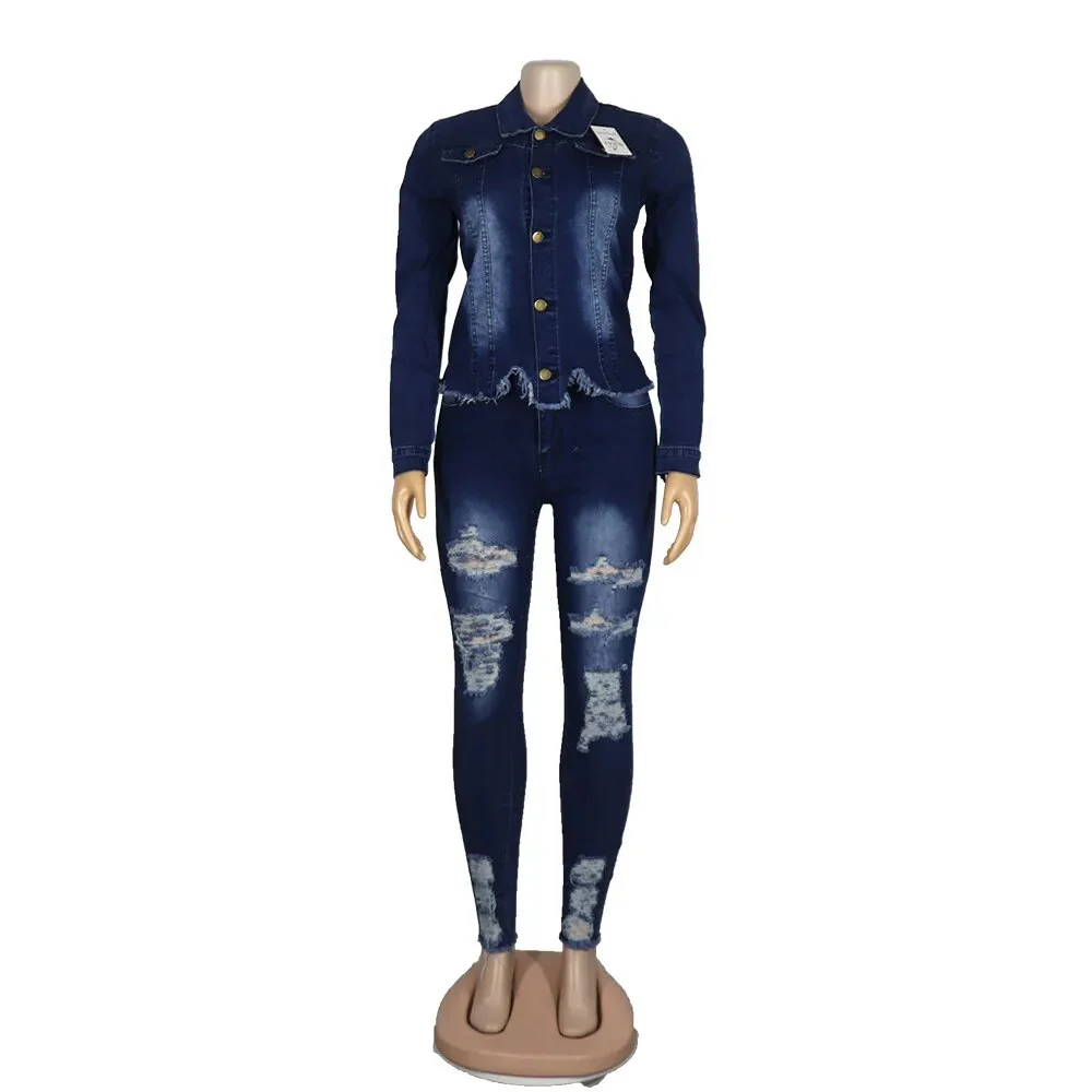 Casual Jeans Two Piece Set Women Denim Pant Suits Bodycon Tracksuit Turn Down Collar Long Sleeve Top Sets Vestidos 2023 Autumn - Image 7