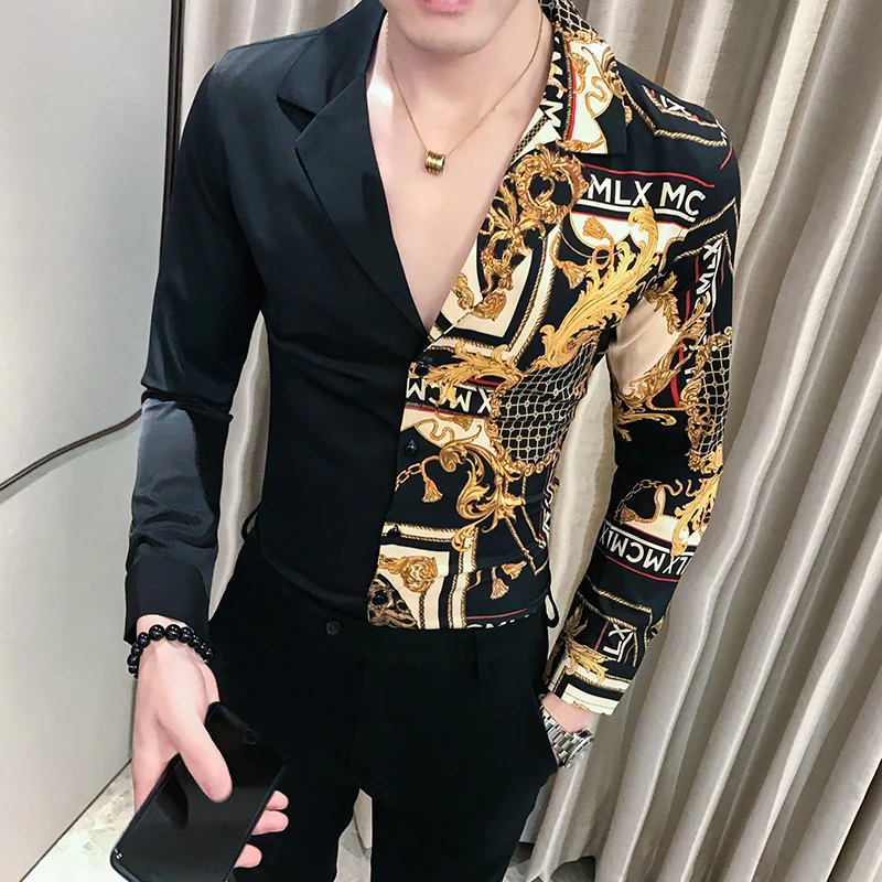 Casual Shirt Men Slim Fit Print Party Club Shirt Luxury Black Gold Shirt 201 Autumn Baroque Men Shirt Long Sleeve Patchwork - Image 3