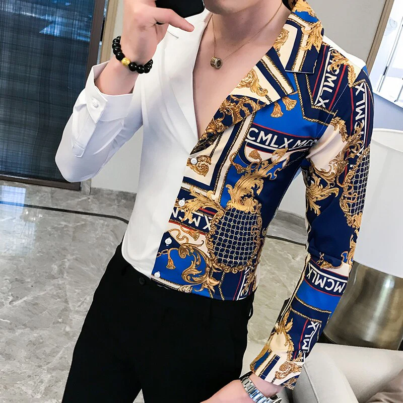 Casual Shirt Men Slim Fit Print Party Club Shirt Luxury Black Gold Shirt 201 Autumn Baroque Men Shirt Long Sleeve Patchwork - Image 4