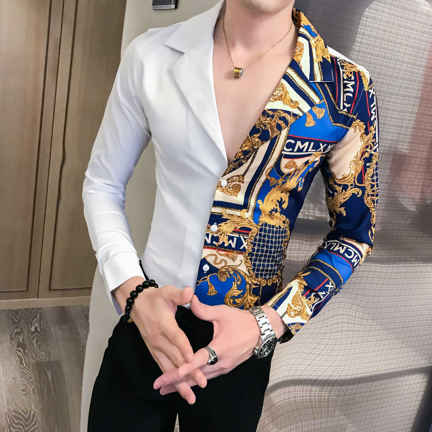 Casual Shirt Men Slim Fit Print Party Club Shirt Luxury Black Gold Shirt 201 Autumn Baroque Men Shirt Long Sleeve Patchwork - Image 7