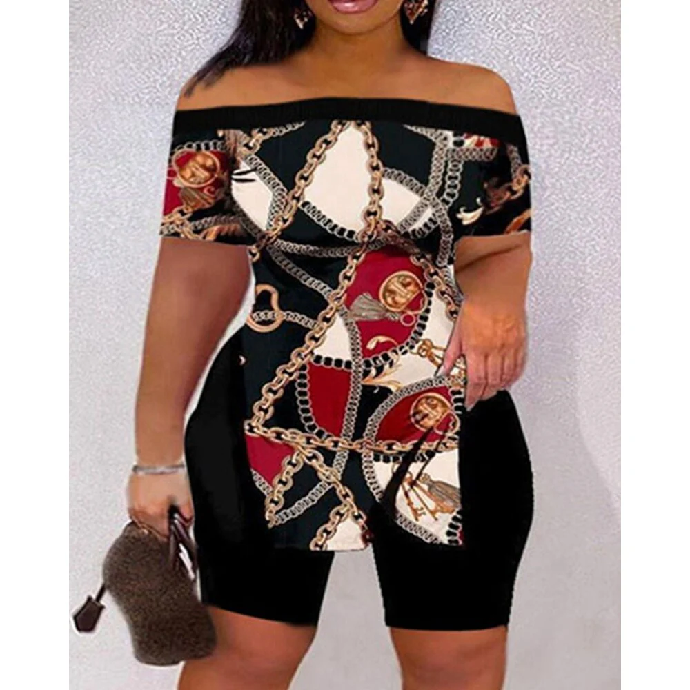 Casual Summer Women Tie Dye Print Off Shoulder Hem Split Top & Shorts Sets Short Sleeve 2 piece Suit Sets Outfits Streetwear - Image 2