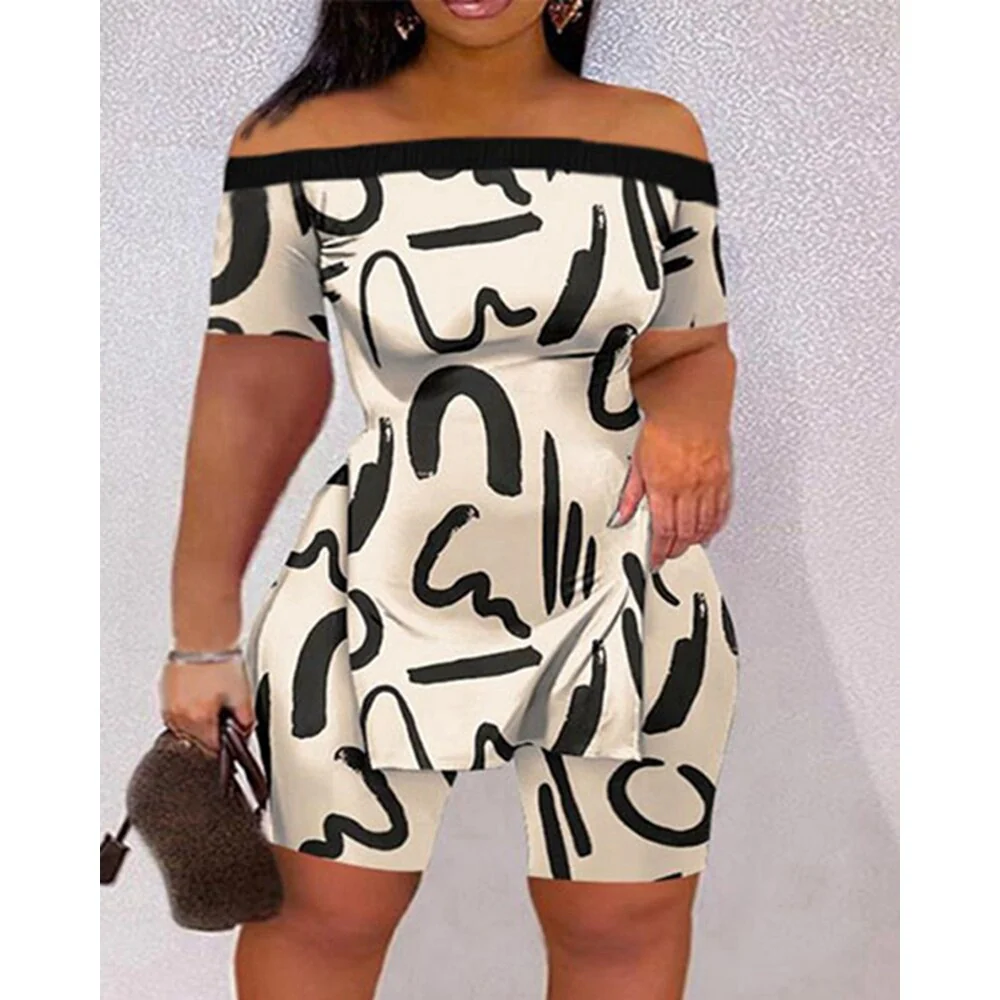 Casual Summer Women Tie Dye Print Off Shoulder Hem Split Top & Shorts Sets Short Sleeve 2 piece Suit Sets Outfits Streetwear - Image 3