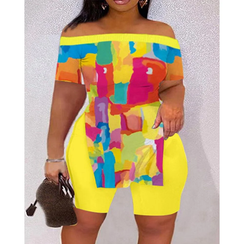 Casual Summer Women Tie Dye Print Off Shoulder Hem Split Top & Shorts Sets Short Sleeve 2 piece Suit Sets Outfits Streetwear - Image 4