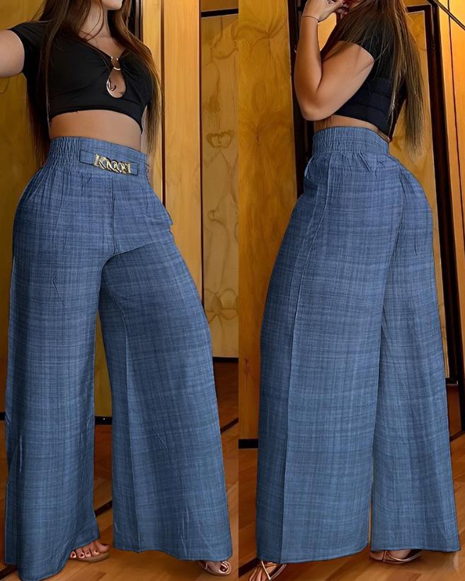 Casual Women High Waist Pants Chain Decor Europe & America Fashion Plain Pocket Design Daily Vacation Women's Wide Leg Trousers - Image 3